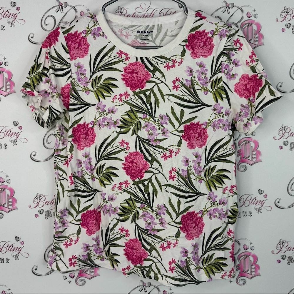 Old Navy tshirt tee tropical floral print flowers Pink and Green Floral Tee